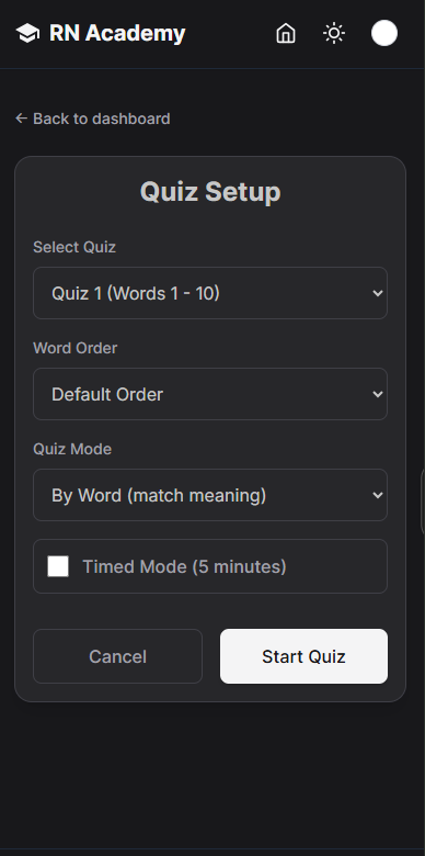 Quiz setup screen for Verbal and Quant drills